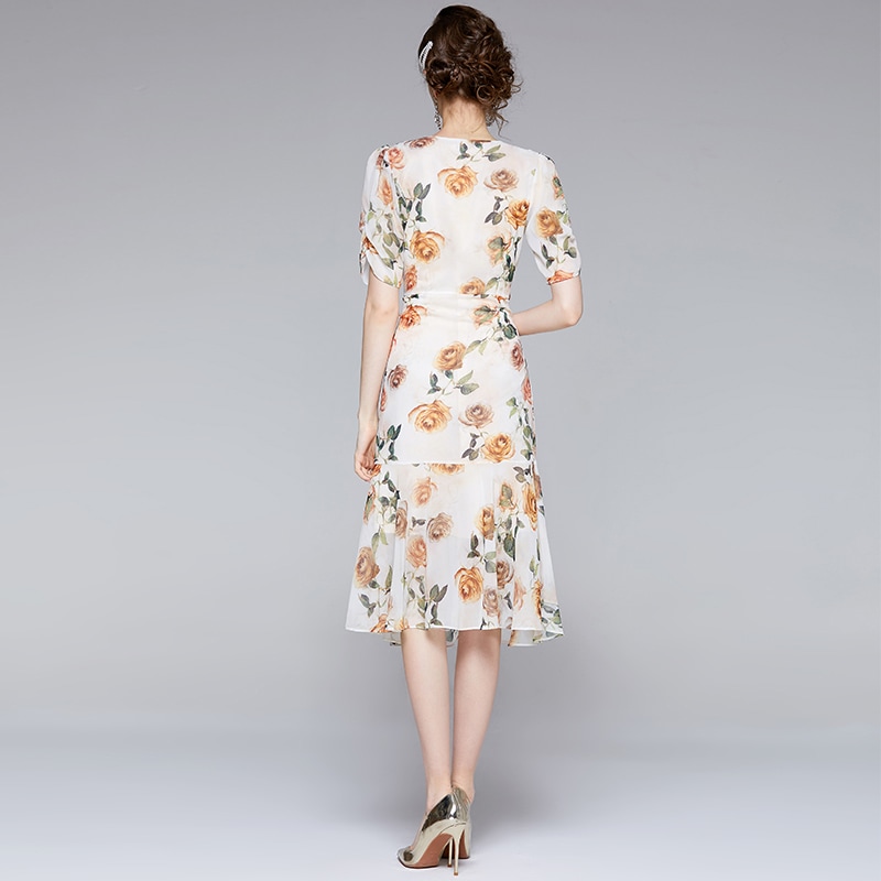 ワンピース 半袖 春 夏 秋 きれいめ Aライン フレアワンピース マーメイド フレアスカート 膝下 ミモレ丈 ミディアム丈 パフスリーブ Vネック 襟なし 透け感 春カラー アプリコット S M L