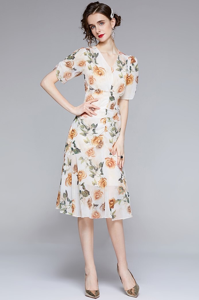 ワンピース 半袖 春 夏 秋 きれいめ Aライン フレアワンピース マーメイド フレアスカート 膝下 ミモレ丈 ミディアム丈 パフスリーブ Vネック 襟なし 透け感 春カラー アプリコット S M L