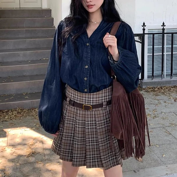 Qoo10] コーデセット デニムシャツ プリーツスカ