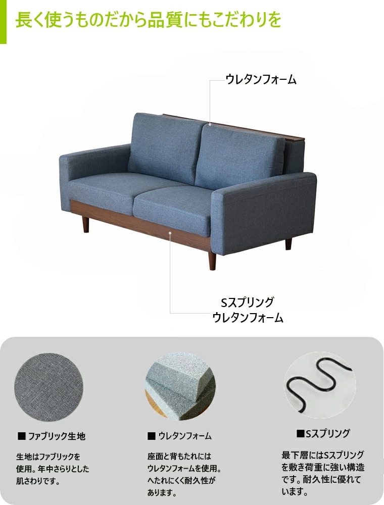 ソファ ソファー 2.5人掛け 3人掛け 幅165cm ファブリック張り コンパクトサイズ ブルー グレー