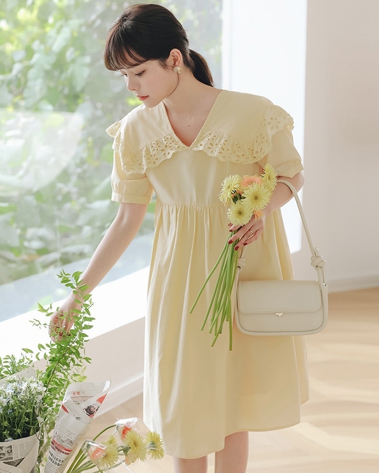 【日本未発売/送料無料】マタニティ ワンピース 大きめ襟 Vネック パンチングレース 【日本未発売/送料無料】マタニティ ワンピース 大きめ襟 Vネック パンチングレース