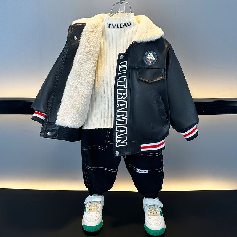 男の子の皮の服秋冬の新しい子供の加絨爆撃街のコート防風保温コートウルトラマンの服