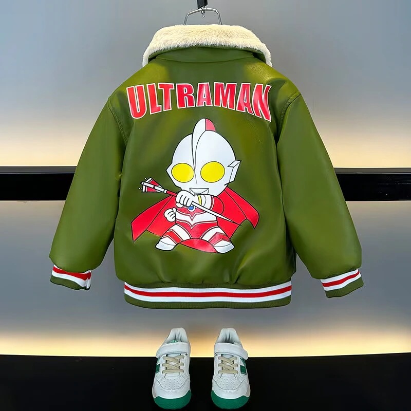 男の子の皮の服秋冬の新しい子供の加絨爆撃街のコート防風保温コートウルトラマンの服