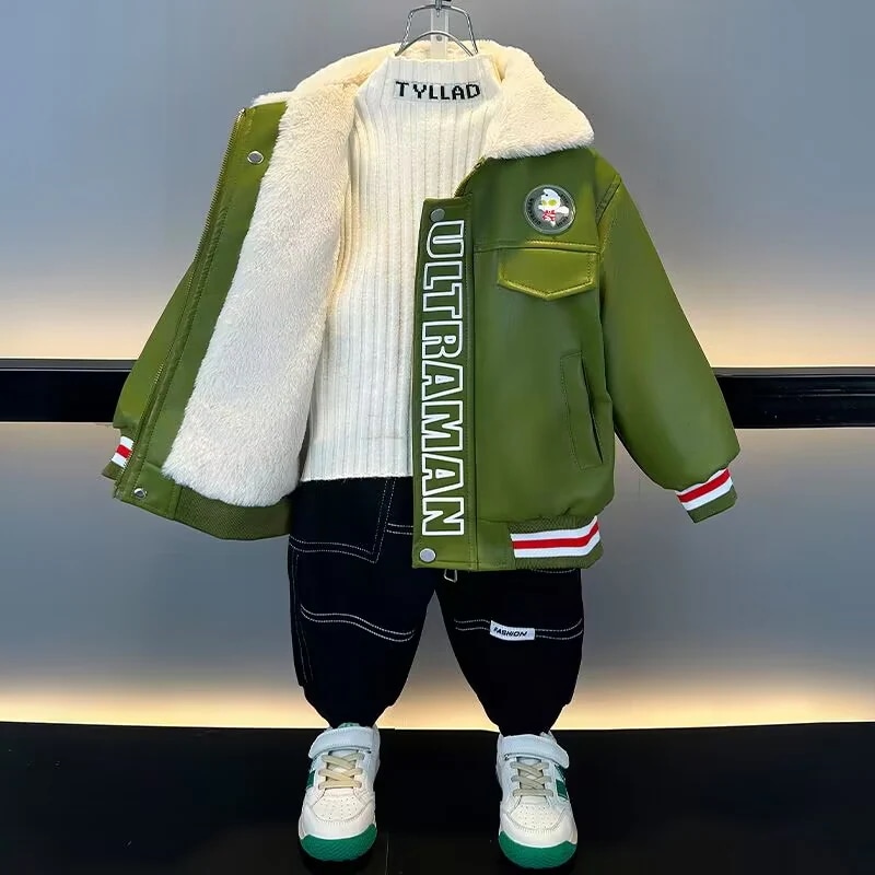 男の子の皮の服秋冬の新しい子供の加絨爆撃街のコート防風保温コートウルトラマンの服