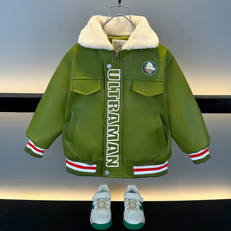 男の子の皮の服秋冬の新しい子供の加絨爆撃街のコート防風保温コートウルトラマンの服
