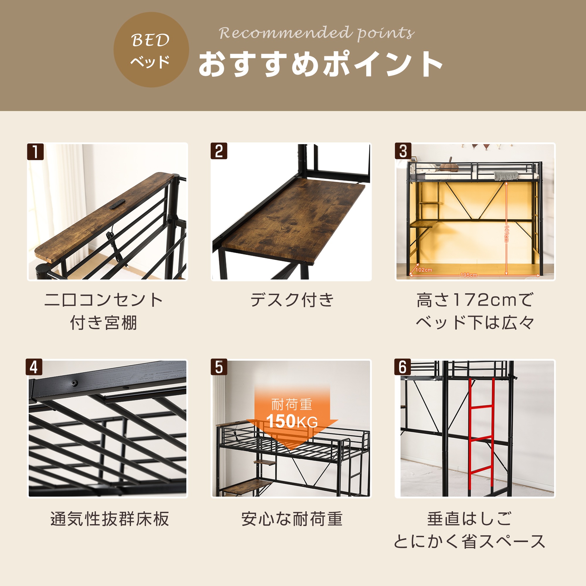 [レビュー投稿で 100 ポイント返還]ロフトベッド収納棚シングルデスク付きパイプベッド子供ベッドパイプ北欧風金属収納はしご