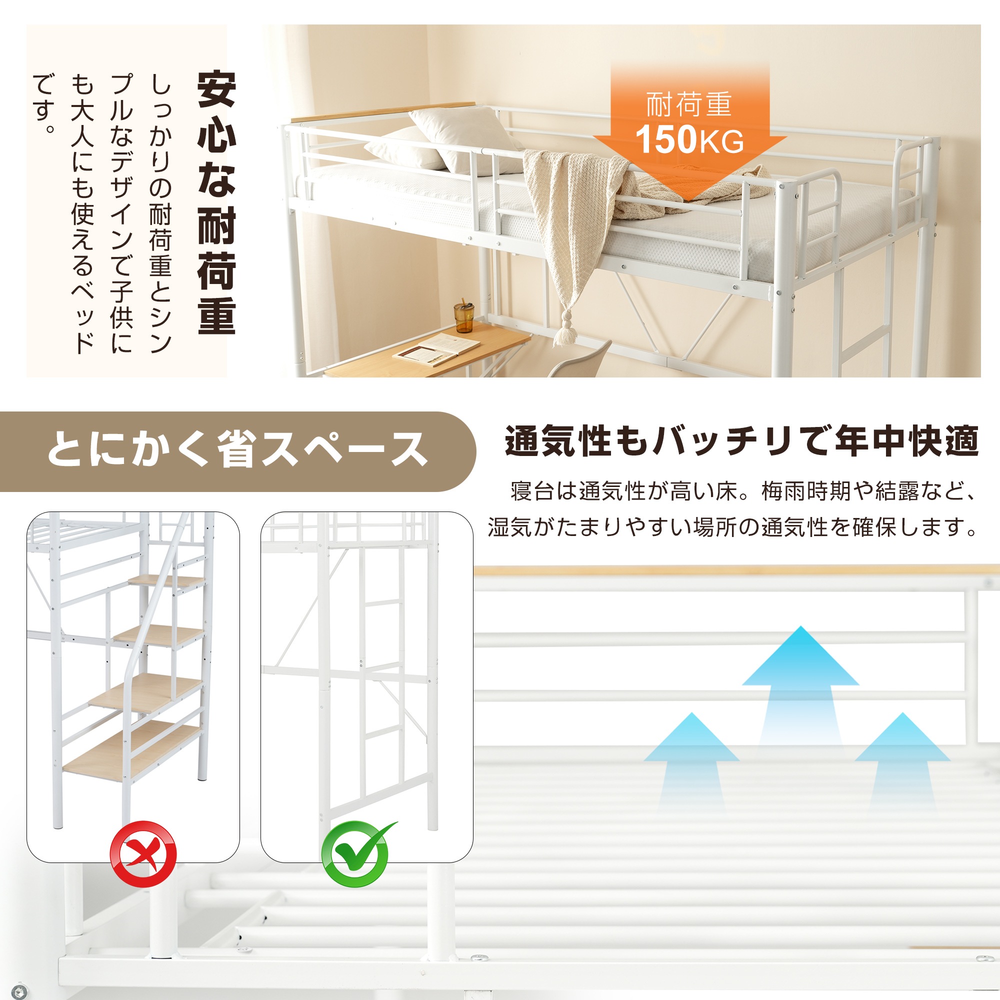 [レビュー投稿で 100 ポイント返還]ロフトベッド収納棚シングルデスク付きパイプベッド子供ベッドパイプ北欧風金属収納はしご