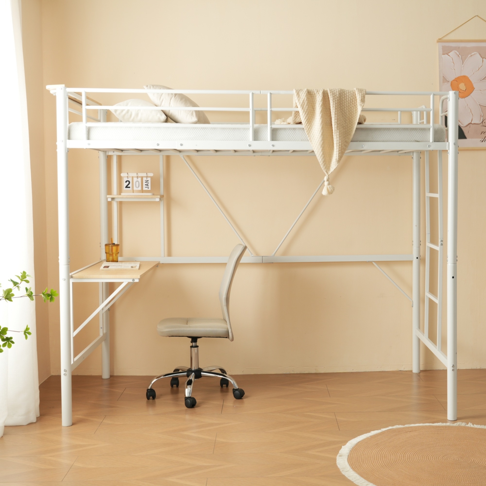 [レビュー投稿で 100 ポイント返還]ロフトベッド収納棚シングルデスク付きパイプベッド子供ベッドパイプ北欧風金属収納はしご