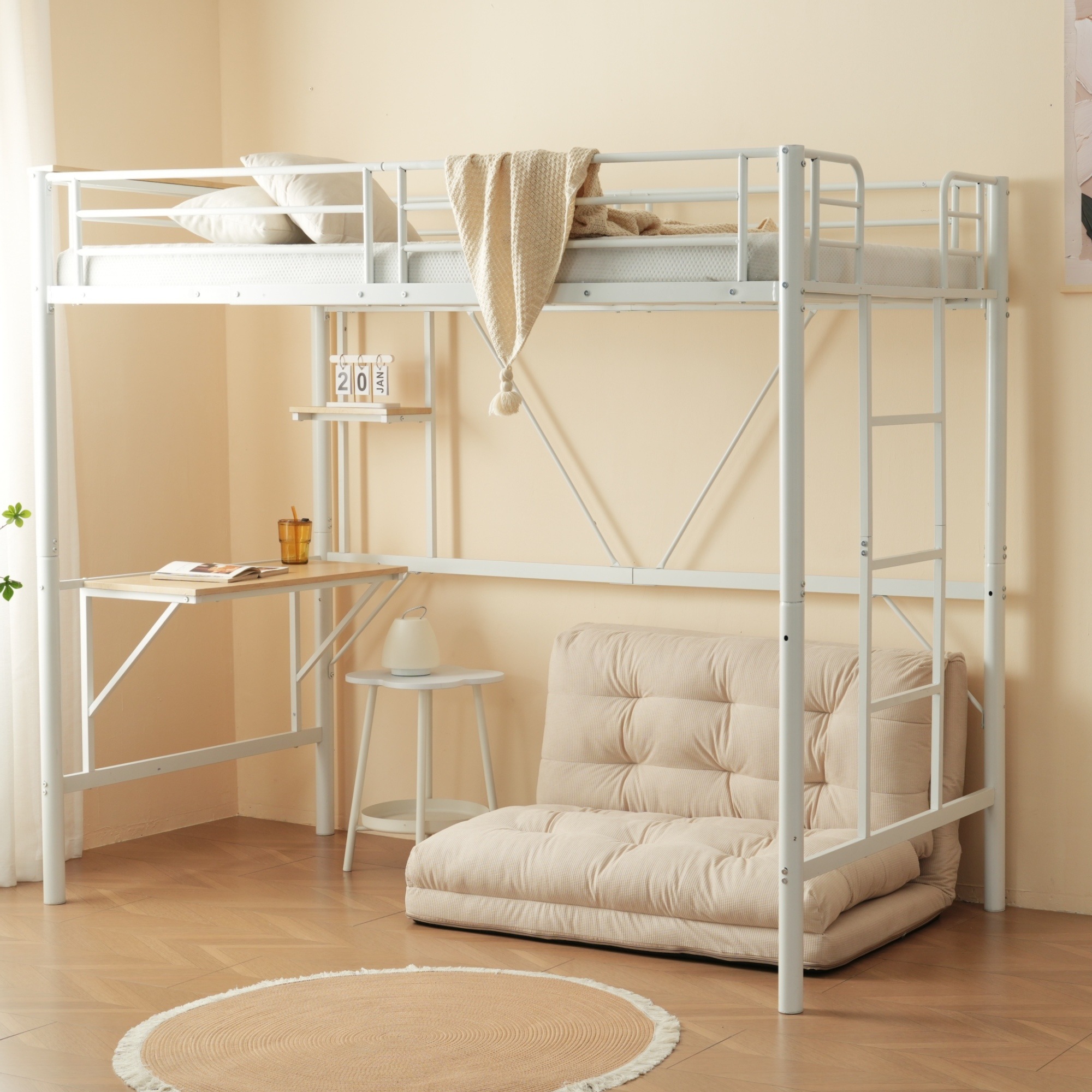 [レビュー投稿で 100 ポイント返還]ロフトベッド収納棚シングルデスク付きパイプベッド子供ベッドパイプ北欧風金属収納はしご