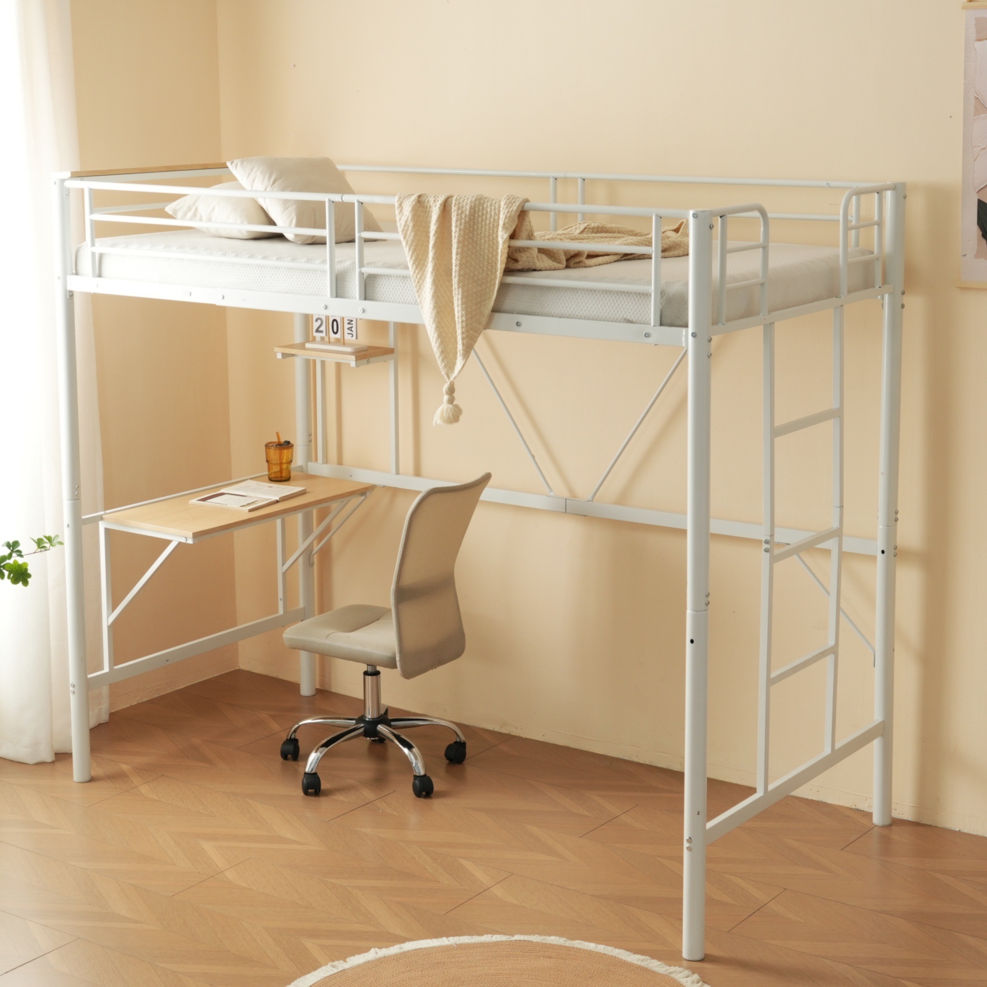 [レビュー投稿で 100 ポイント返還]ロフトベッド収納棚シングルデスク付きパイプベッド子供ベッドパイプ北欧風金属収納はしご