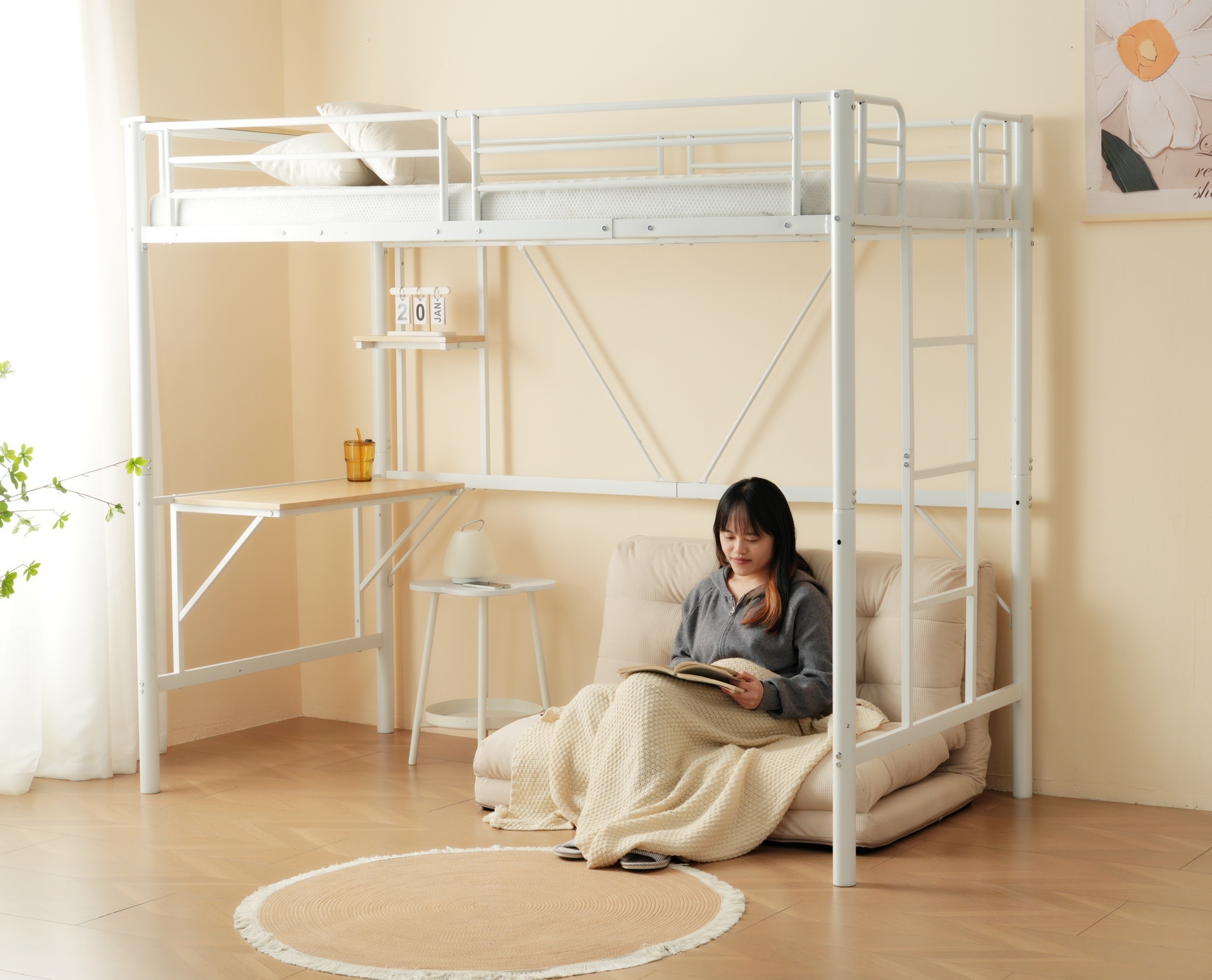 [レビュー投稿で 100 ポイント返還]ロフトベッド収納棚シングルデスク付きパイプベッド子供ベッドパイプ北欧風金属収納はしご