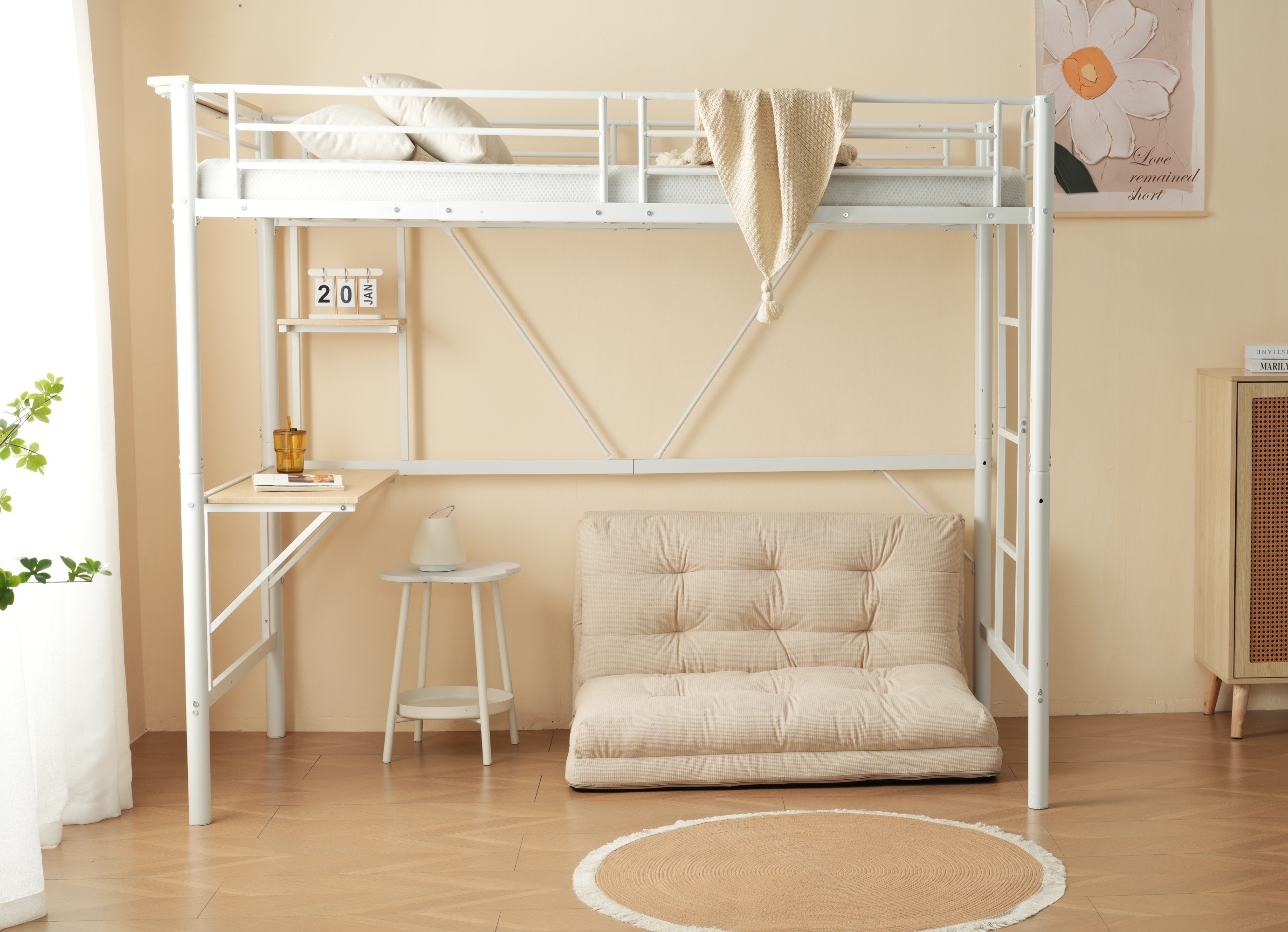 [レビュー投稿で 100 ポイント返還]ロフトベッド収納棚シングルデスク付きパイプベッド子供ベッドパイプ北欧風金属収納はしご