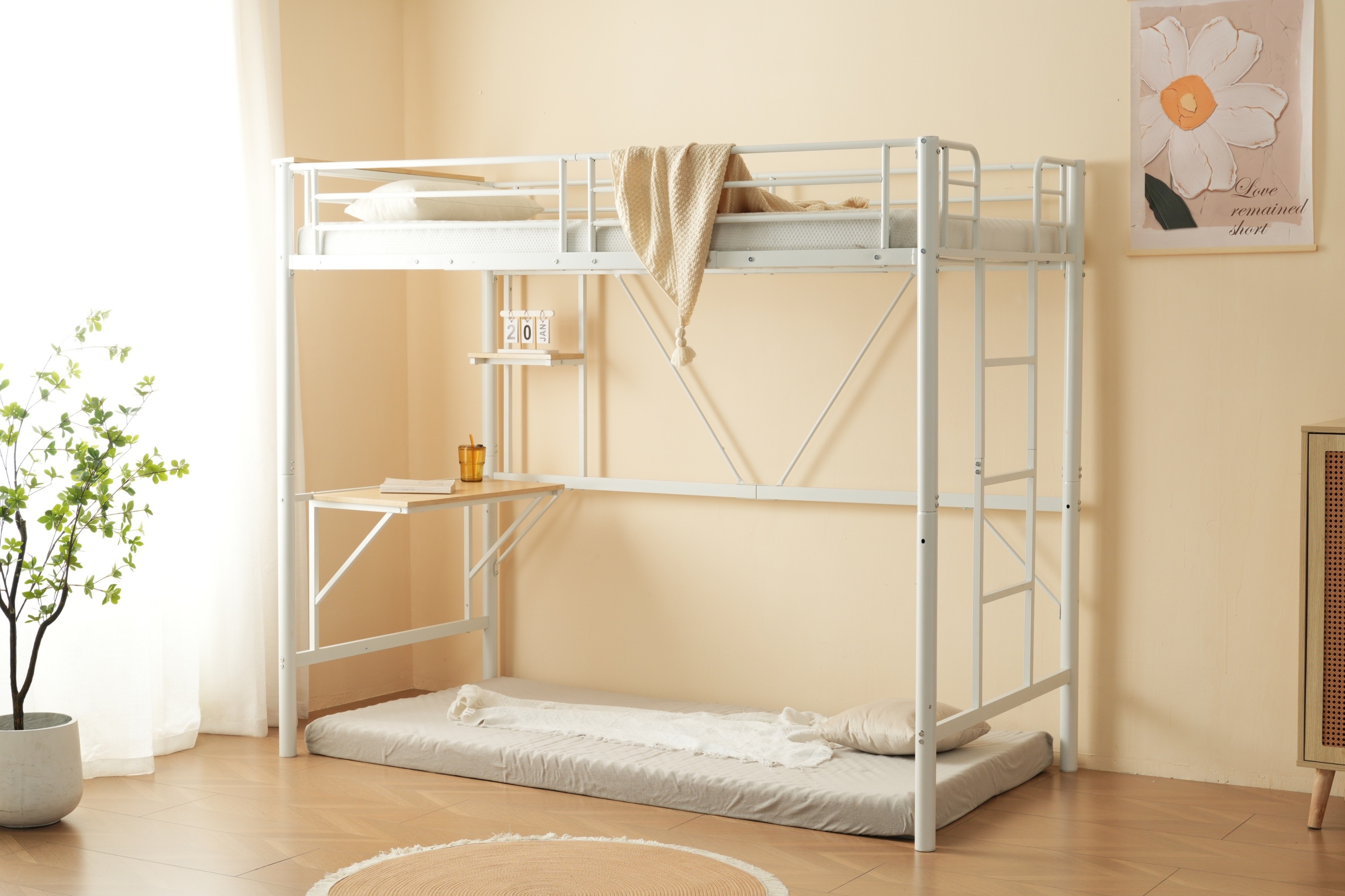 [レビュー投稿で 100 ポイント返還]ロフトベッド収納棚シングルデスク付きパイプベッド子供ベッドパイプ北欧風金属収納はしご