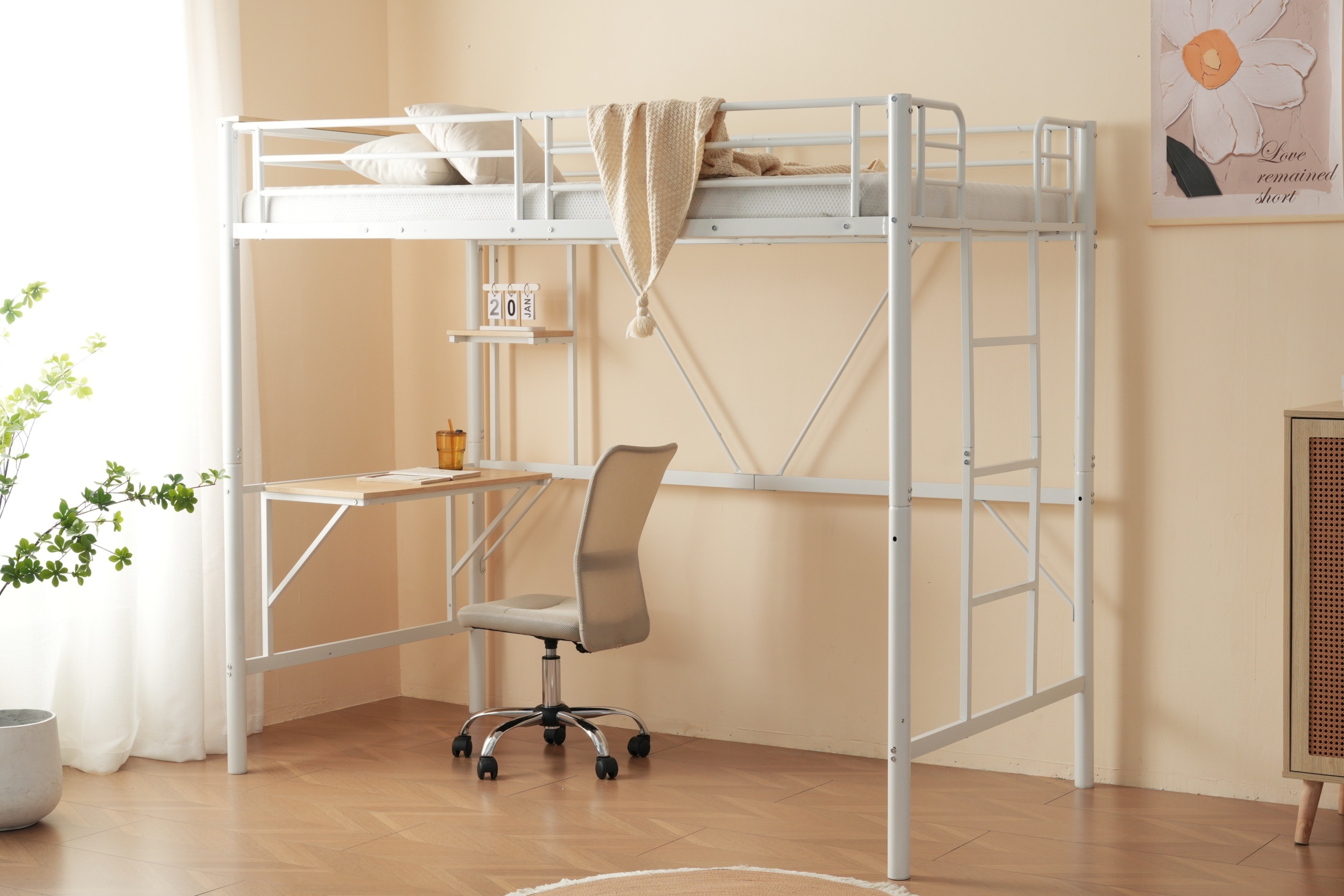 [レビュー投稿で 100 ポイント返還]ロフトベッド収納棚シングルデスク付きパイプベッド子供ベッドパイプ北欧風金属収納はしご