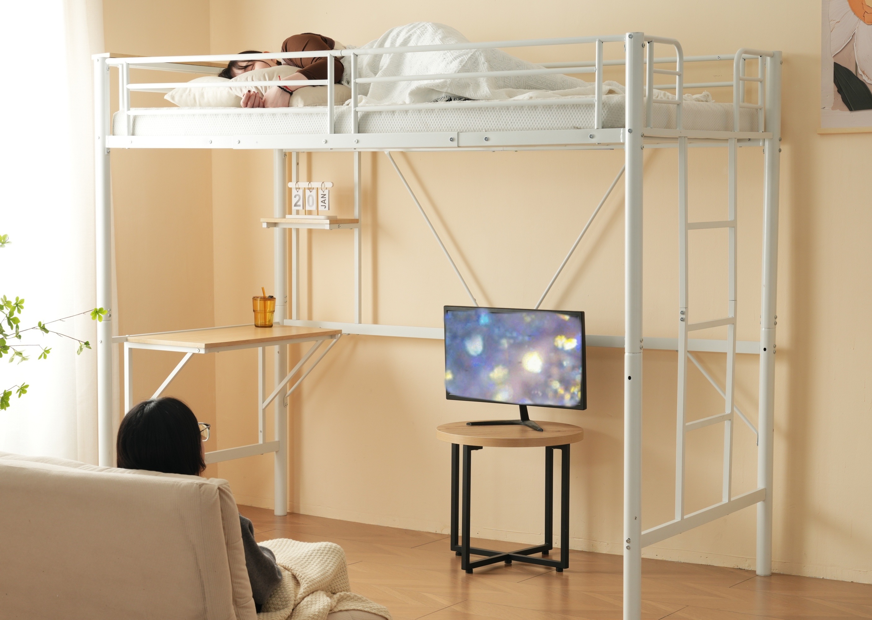 [レビュー投稿で 100 ポイント返還]ロフトベッド収納棚シングルデスク付きパイプベッド子供ベッドパイプ北欧風金属収納はしご