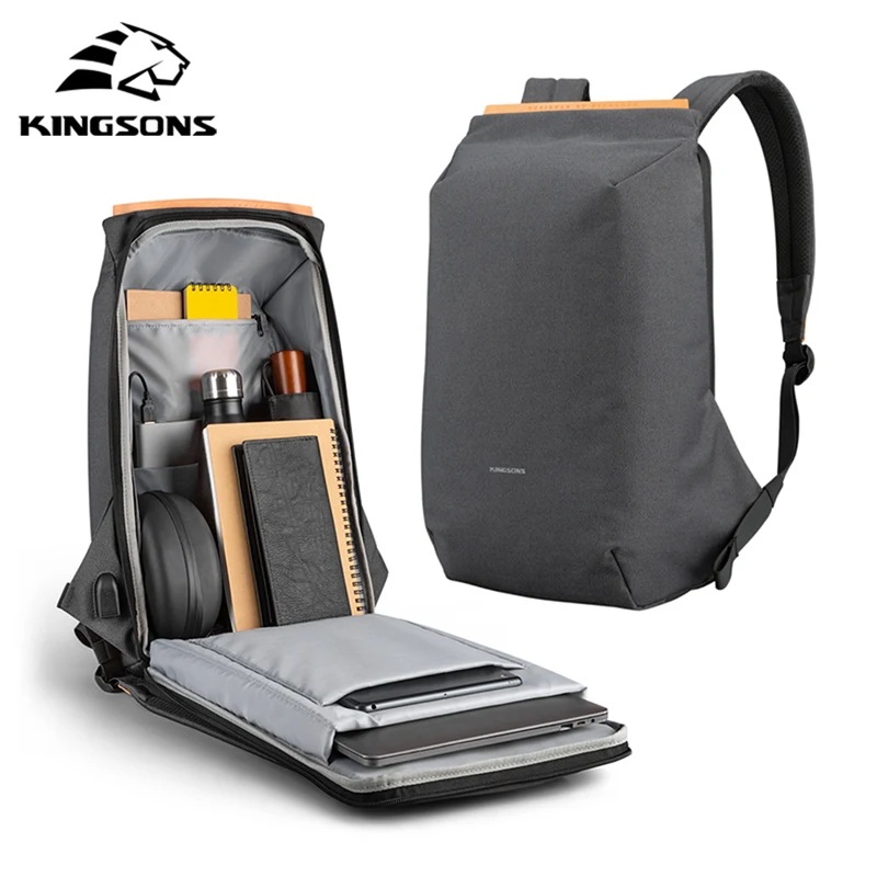 納期1~3週間程：Kingsons-男性用防水盗難防止バックパックUSB充電付きラップトップバッグ15.6インチティーンエイジャー用スクールバッグ