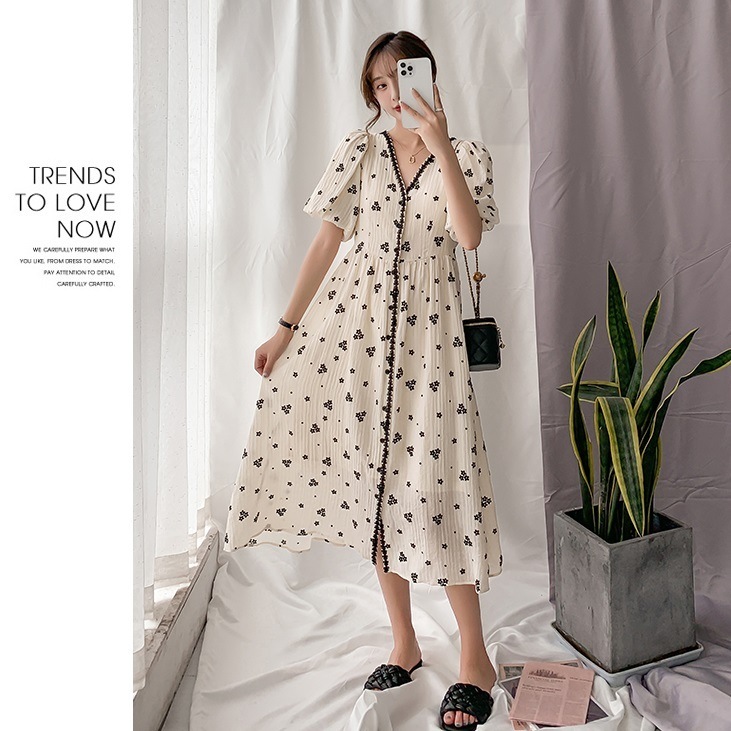 マタニティ ワンピース 花柄 フラワー Vネック パフスリーブ 半袖