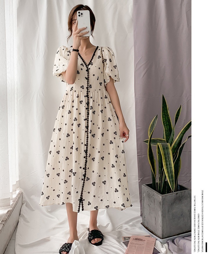 マタニティ ワンピース 花柄 フラワー Vネック パフスリーブ 半袖