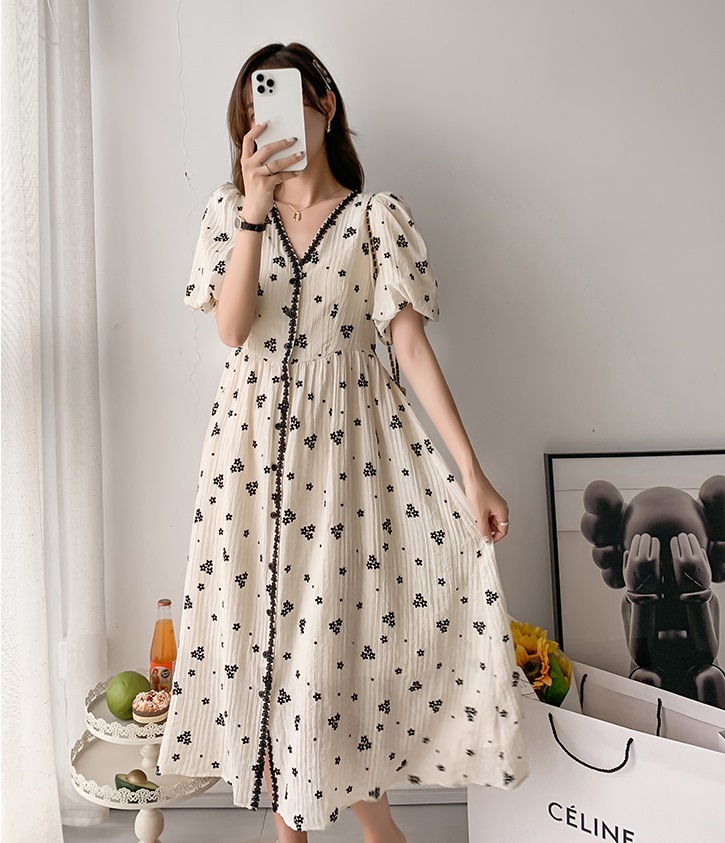 マタニティ ワンピース 花柄 フラワー Vネック パフスリーブ 半袖