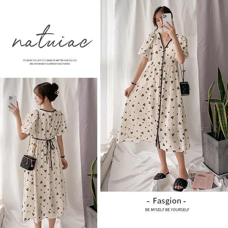 マタニティ ワンピース 花柄 フラワー Vネック パフスリーブ 半袖