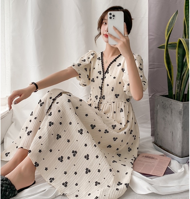 マタニティ ワンピース 花柄 フラワー Vネック パフスリーブ 半袖