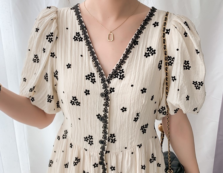 マタニティ ワンピース 花柄 フラワー Vネック パフスリーブ 半袖