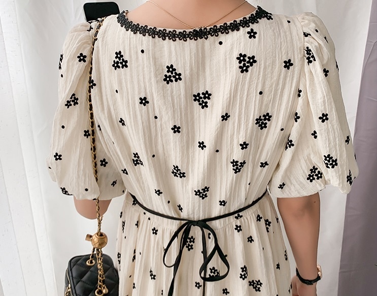 マタニティ ワンピース 花柄 フラワー Vネック パフスリーブ 半袖