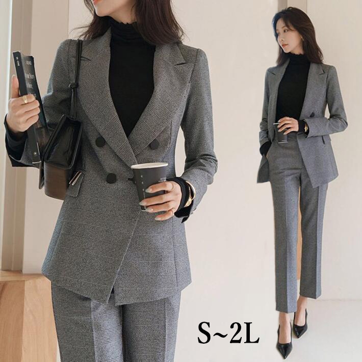 スーツセット レディース スーツ 2点セット　セットアップ ジャケット ズボン セレモニースーツ チェック　きれいめ フォマール ママ 面接 卒業式 入学式 通勤 OL　上品　大きいサイズ S M L