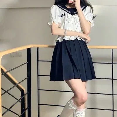 New type追加！ブラウスTシャツワンピース韓国ファッション JK制服カレッジスタイル ネイビーカラートップス＋プリーツスカー