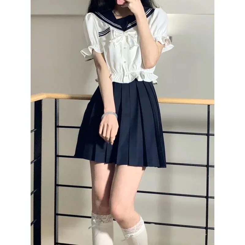 New type追加！ブラウスTシャツワンピース韓国ファッション JK制服カレッジスタイル ネイビーカラートップス＋プリーツスカー