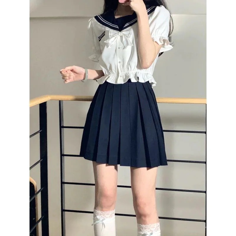 New type追加！ブラウスTシャツワンピース韓国ファッション JK制服カレッジスタイル ネイビーカラートップス＋プリーツスカー