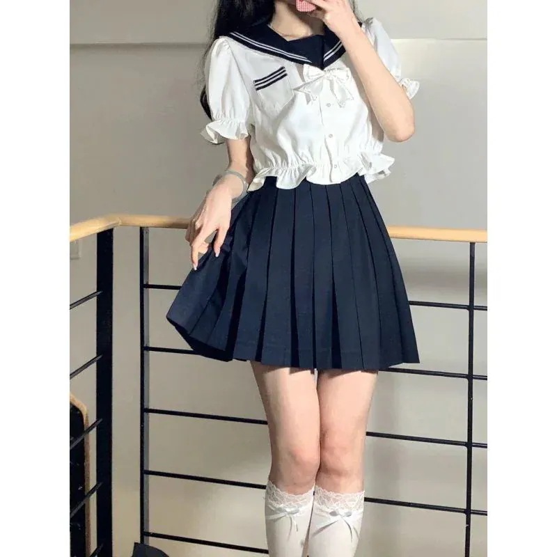 New type追加！ブラウスTシャツワンピース韓国ファッション JK制服カレッジスタイル ネイビーカラートップス＋プリーツスカー