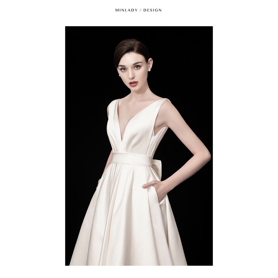 パーティードレス ワンピース 花嫁ミニドレス ウェディングドレス 可愛い蝶結び セクシーV襟 前に短