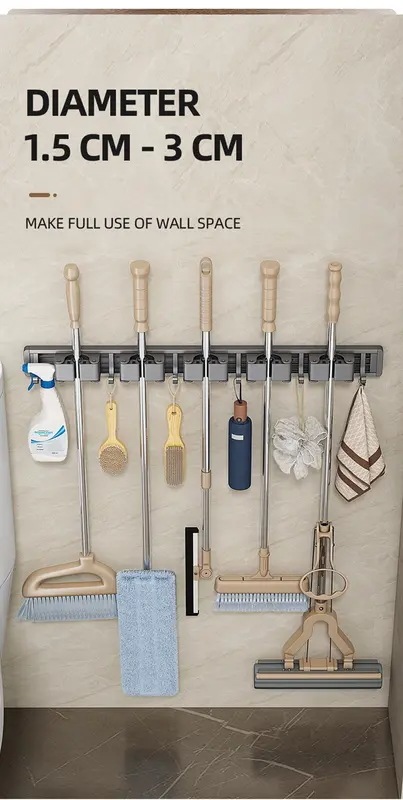 モップとほうきのホルダー,実用的なクリップ付きの収納ラック,省スペースのハンガー,収納ツール用のフック
