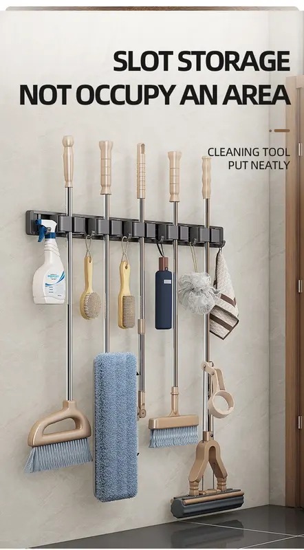モップとほうきのホルダー,実用的なクリップ付きの収納ラック,省スペースのハンガー,収納ツール用のフック