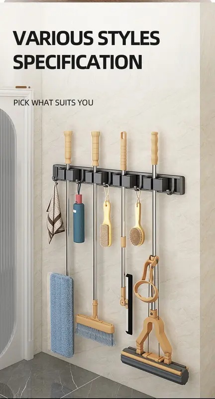 モップとほうきのホルダー,実用的なクリップ付きの収納ラック,省スペースのハンガー,収納ツール用のフック