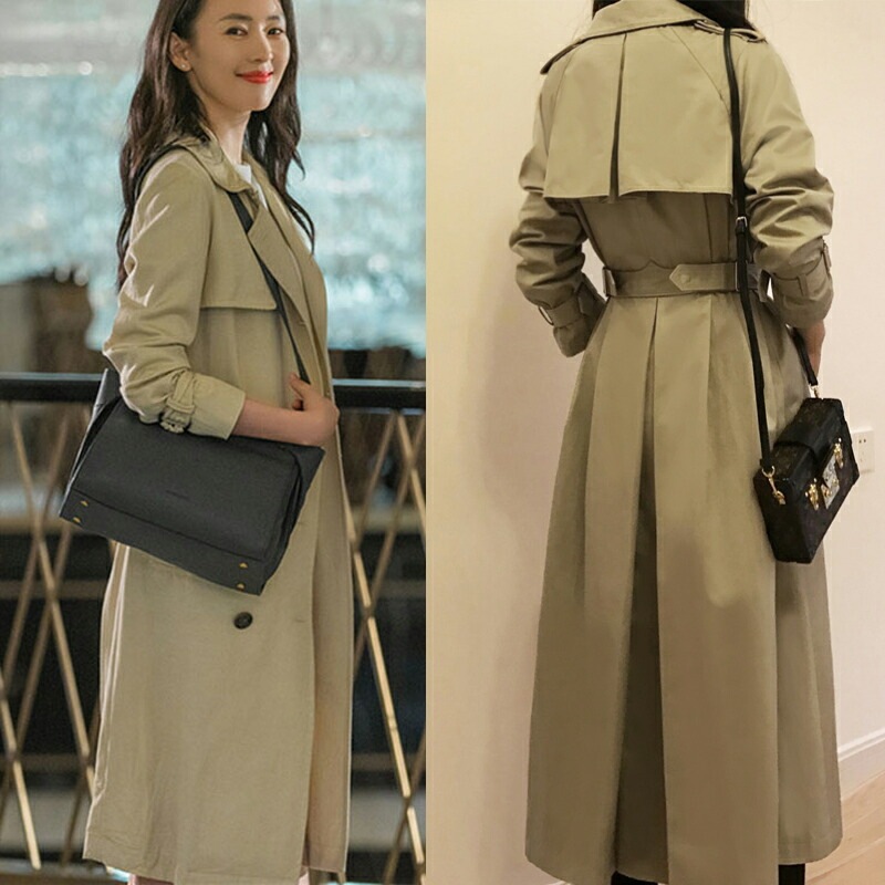 トレンチコート レディース ロング丈 ダブルブレスト ポケット付き