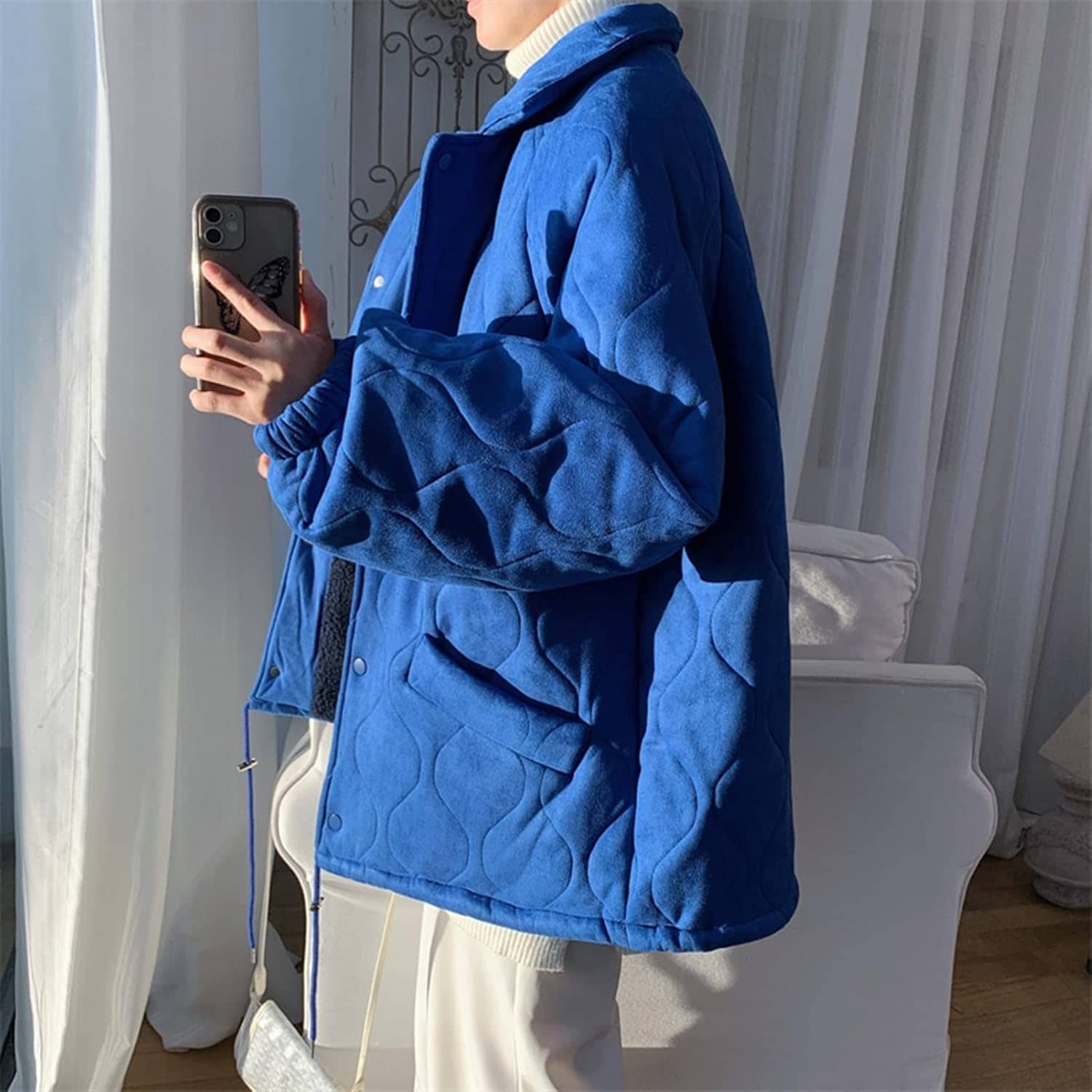 メンズ 冬服 中綿ジャケット 裏起毛 ボアフリース オーバーサイズ 防寒着 ブルゾン コート 折り襟 ポケット付き アウター 厚手 暖かい カジュアル ファッション 無地 通勤 通学