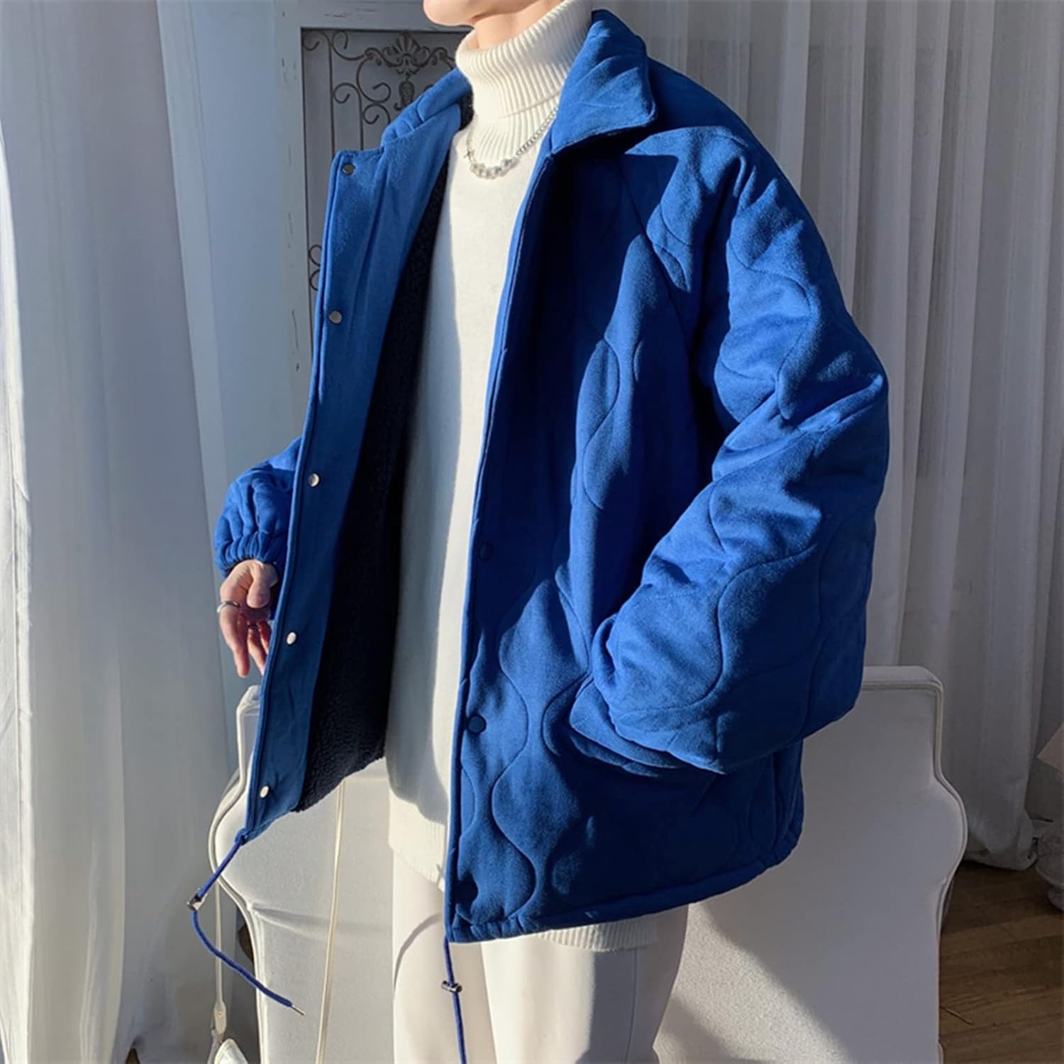 メンズ 冬服 中綿ジャケット 裏起毛 ボアフリース オーバーサイズ 防寒着 ブルゾン コート 折り襟 ポケット付き アウター 厚手 暖かい カジュアル ファッション 無地 通勤 通学