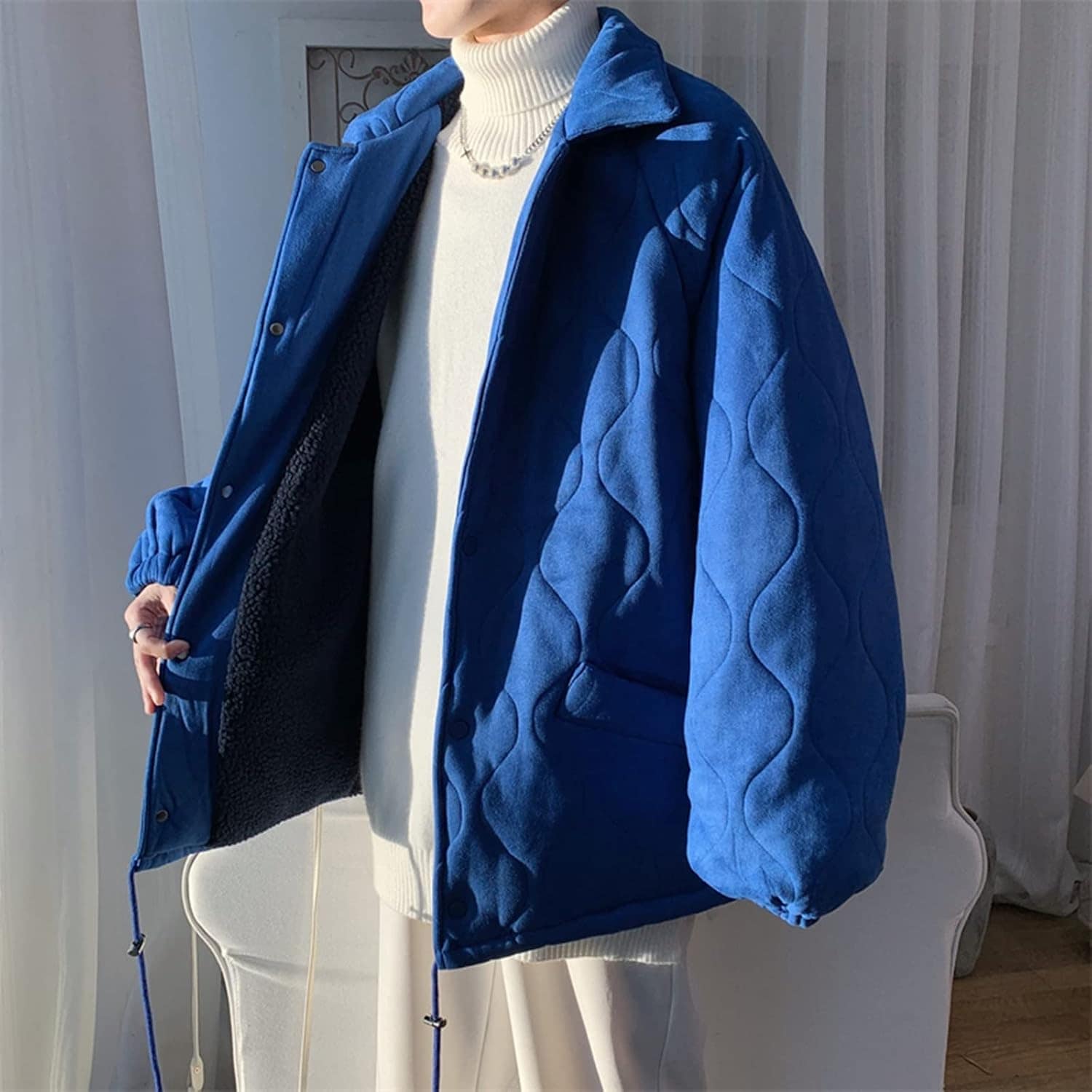 メンズ 冬服 中綿ジャケット 裏起毛 ボアフリース オーバーサイズ 防寒着 ブルゾン コート 折り襟 ポケット付き アウター 厚手 暖かい カジュアル ファッション 無地 通勤 通学