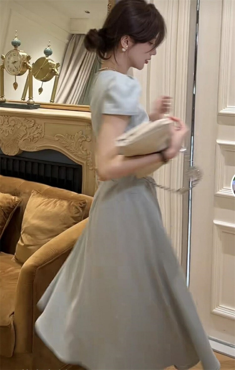 韓国ファッション ドレス 角襟ワンピース ギャザリング 半袖ワンピース 韓国ファッション ドレス 角襟ワンピース ギャザリング 半袖ワンピース