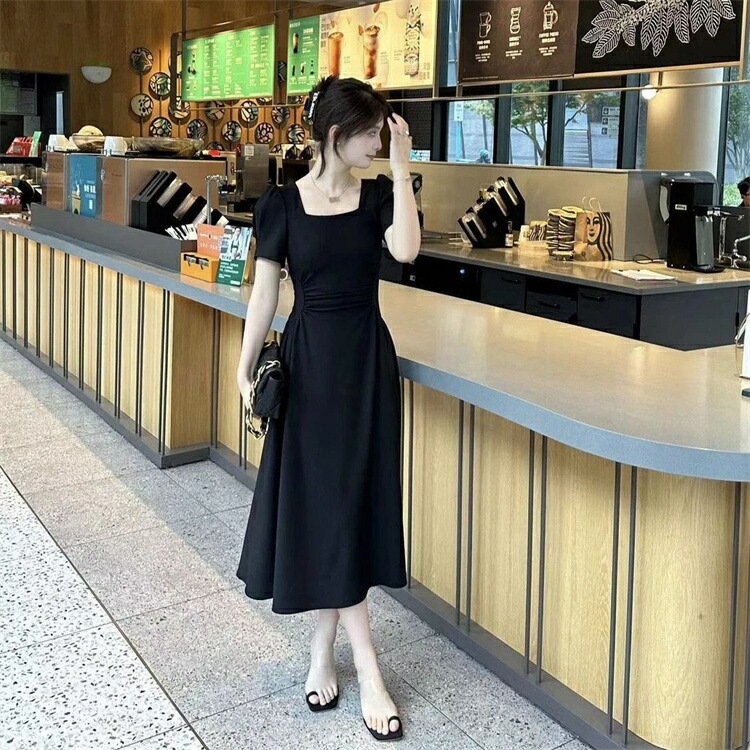 韓国ファッション ドレス 角襟ワンピース ギャザリング 半袖ワンピース 韓国ファッション ドレス 角襟ワンピース ギャザリング 半袖ワンピース