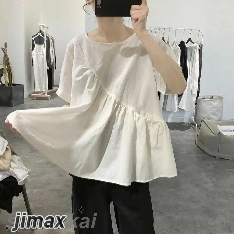 不規則な綿とリネンのシャツの女性の夏の新しいシンプルなプリーツプルオーバールーズで薄い韓国バージョンのラウンドネック半袖トップ綿麻 カジュアル ナチュラル ビジネス 通勤 オフィス 夏 春 秋 20代 不規則な綿とリネンのシャツの女性の夏の新しいシンプルなプリーツプルオーバールーズで薄い韓国バージョンのラウンドネック半袖トップ綿麻 カジュアル ナチュラル ビジネス 通勤 オフィス 夏 春 秋 20代