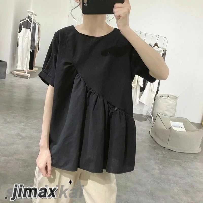 不規則な綿とリネンのシャツの女性の夏の新しいシンプルなプリーツプルオーバールーズで薄い韓国バージョンのラウンドネック半袖トップ綿麻 カジュアル ナチュラル ビジネス 通勤 オフィス 夏 春 秋 20代 不規則な綿とリネンのシャツの女性の夏の新しいシンプルなプリーツプルオーバールーズで薄い韓国バージョンのラウンドネック半袖トップ綿麻 カジュアル ナチュラル ビジネス 通勤 オフィス 夏 春 秋 20代