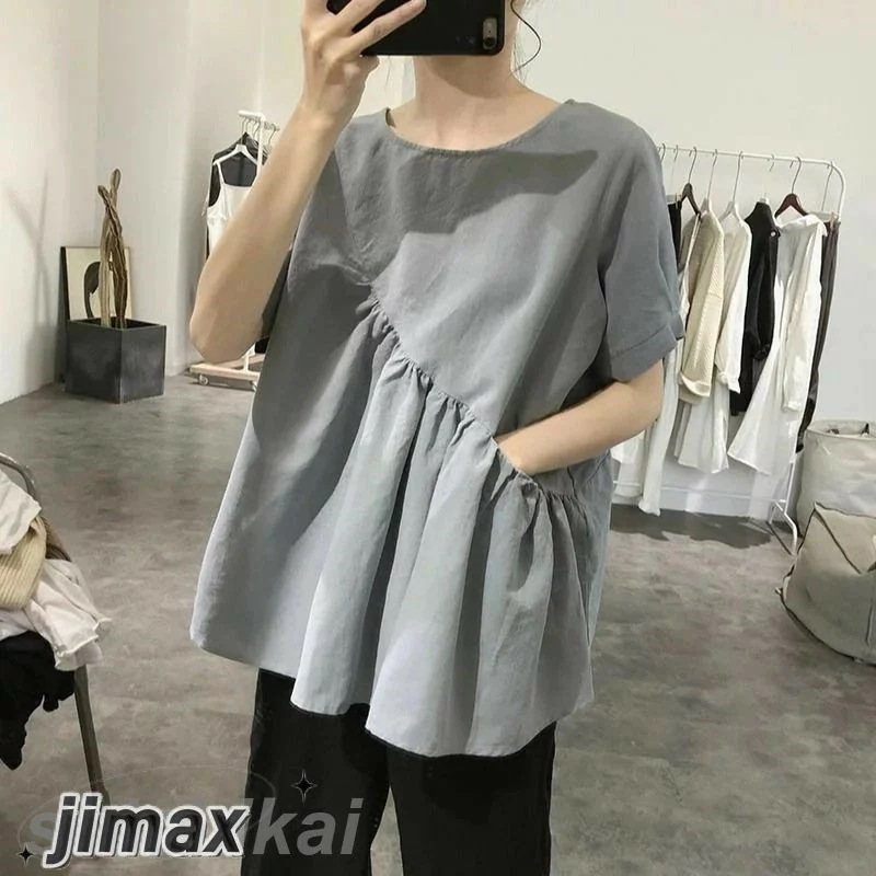 不規則な綿とリネンのシャツの女性の夏の新しいシンプルなプリーツプルオーバールーズで薄い韓国バージョンのラウンドネック半袖トップ綿麻 カジュアル ナチュラル ビジネス 通勤 オフィス 夏 春 秋 20代 不規則な綿とリネンのシャツの女性の夏の新しいシンプルなプリーツプルオーバールーズで薄い韓国バージョンのラウンドネック半袖トップ綿麻 カジュアル ナチュラル ビジネス 通勤 オフィス 夏 春 秋 20代