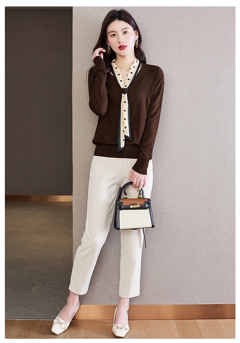 春 ライト スタイル Vネック 水玉リボン ショート ゆったり ボトムス セーター 長袖 レディース トップス ブラウン ベージュ ブラック M L XL XXL トップス 袖あり かわいい 春 ライト スタイル Vネック 水玉リボン ショート ゆったり ボトムス セーター 長袖 レディース トップス ブラウン ベージュ ブラック M L XL XXL トップス 袖あり かわいい