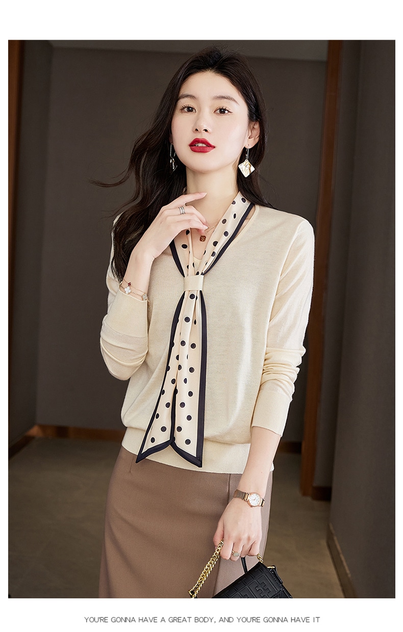 春 ライト スタイル Vネック 水玉リボン ショート ゆったり ボトムス セーター 長袖 レディース トップス ブラウン ベージュ ブラック M L XL XXL トップス 袖あり かわいい 春 ライト スタイル Vネック 水玉リボン ショート ゆったり ボトムス セーター 長袖 レディース トップス ブラウン ベージュ ブラック M L XL XXL トップス 袖あり かわいい