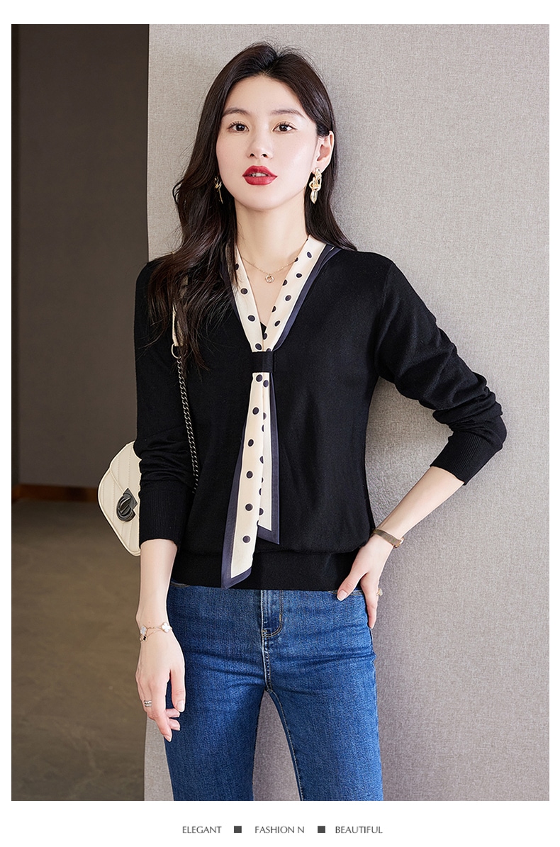 春 ライト スタイル Vネック 水玉リボン ショート ゆったり ボトムス セーター 長袖 レディース トップス ブラウン ベージュ ブラック M L XL XXL トップス 袖あり かわいい 春 ライト スタイル Vネック 水玉リボン ショート ゆったり ボトムス セーター 長袖 レディース トップス ブラウン ベージュ ブラック M L XL XXL トップス 袖あり かわいい