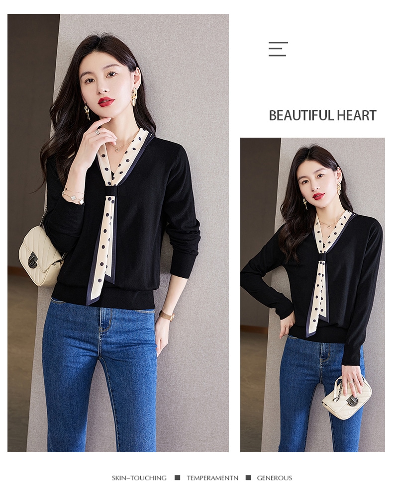 春 ライト スタイル Vネック 水玉リボン ショート ゆったり ボトムス セーター 長袖 レディース トップス ブラウン ベージュ ブラック M L XL XXL トップス 袖あり かわいい 春 ライト スタイル Vネック 水玉リボン ショート ゆったり ボトムス セーター 長袖 レディース トップス ブラウン ベージュ ブラック M L XL XXL トップス 袖あり かわいい