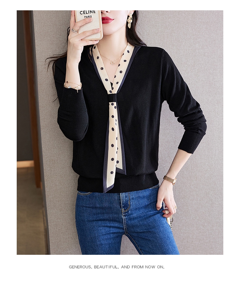 春 ライト スタイル Vネック 水玉リボン ショート ゆったり ボトムス セーター 長袖 レディース トップス ブラウン ベージュ ブラック M L XL XXL トップス 袖あり かわいい 春 ライト スタイル Vネック 水玉リボン ショート ゆったり ボトムス セーター 長袖 レディース トップス ブラウン ベージュ ブラック M L XL XXL トップス 袖あり かわいい